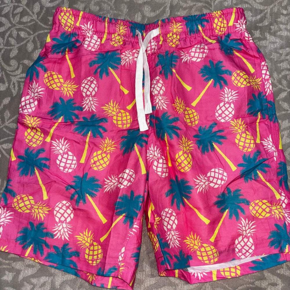Kids Pink Pineapple Palm‎ Tree Swim Trunks Size 8  Liner Shorts (A28)